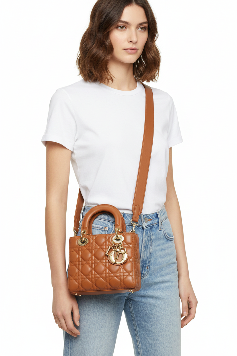 Handbag worn crossbody with thick leather strap