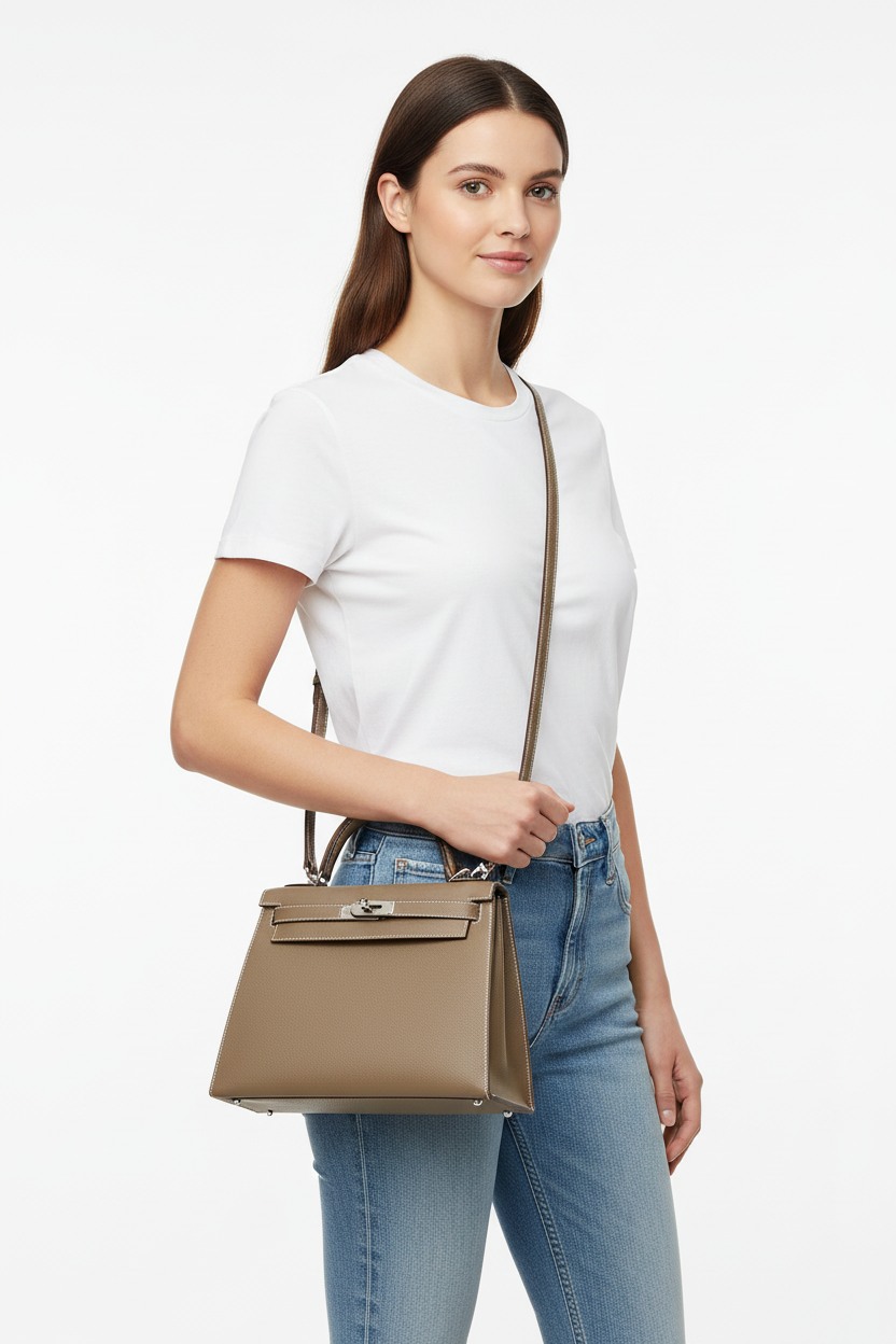 Hermès Kelly 28 Etoupe on model with strap