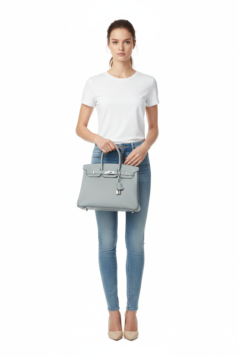 Hermes Birkin 35 Bleu Glacier on model