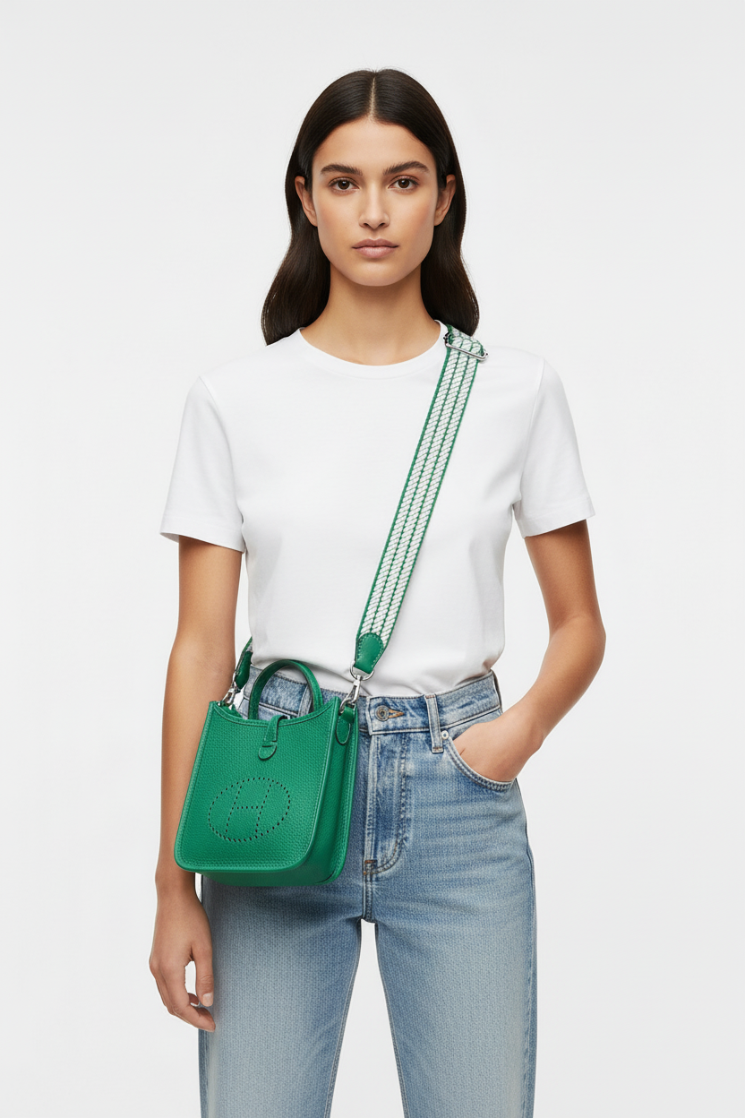 Hermes Evelyne TPM Vert Vertigo on model - with striped strap