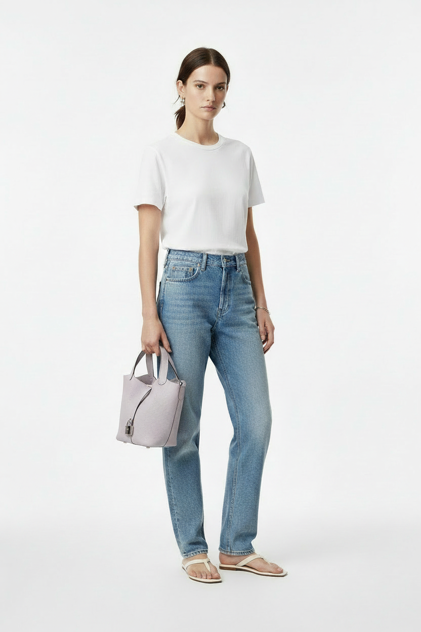 Hermes Picotin 18 Mauve Pale on model - smaller