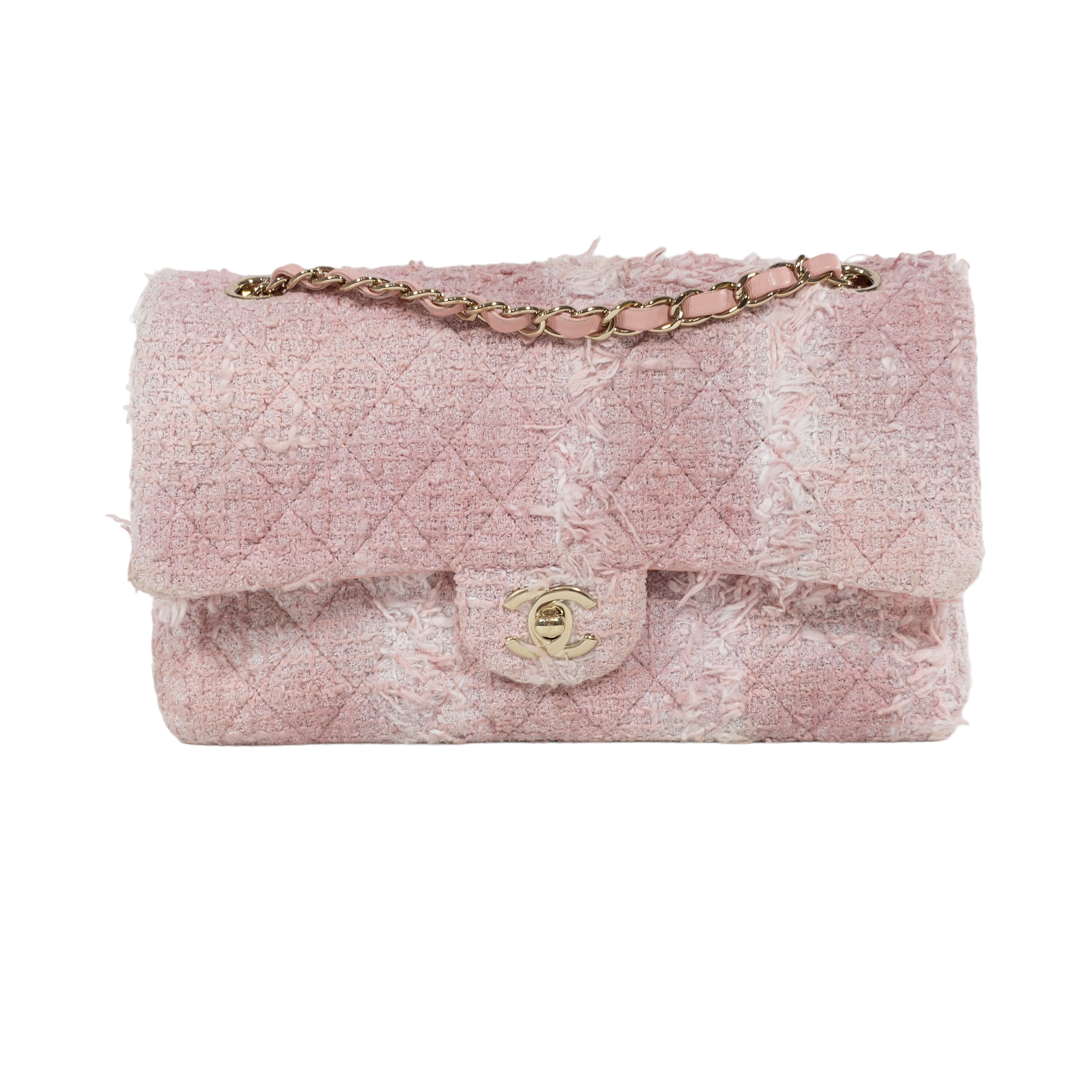 2019 Chanel Pink Tweed Fabric and Pearls Classic Single Flap Bag at 1stDibs