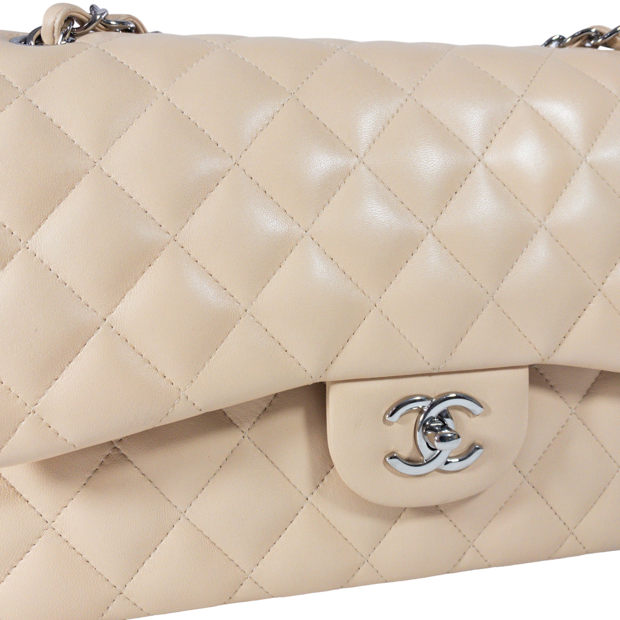 Chanel Beige Lambskin Jumbo Classic Flap SHW