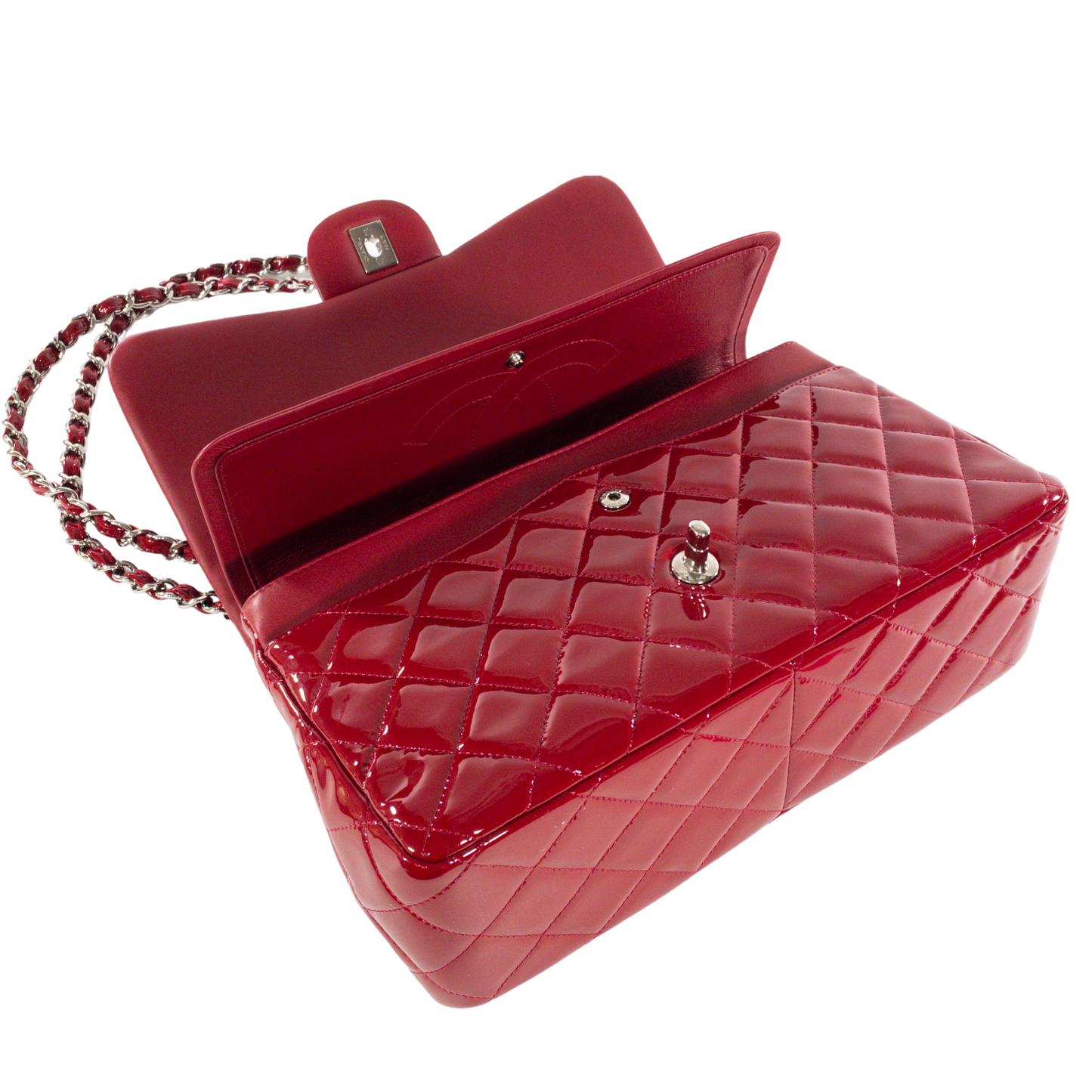 Chanel Red Patent Leather Quilted Jumbo Classic Flap SHW