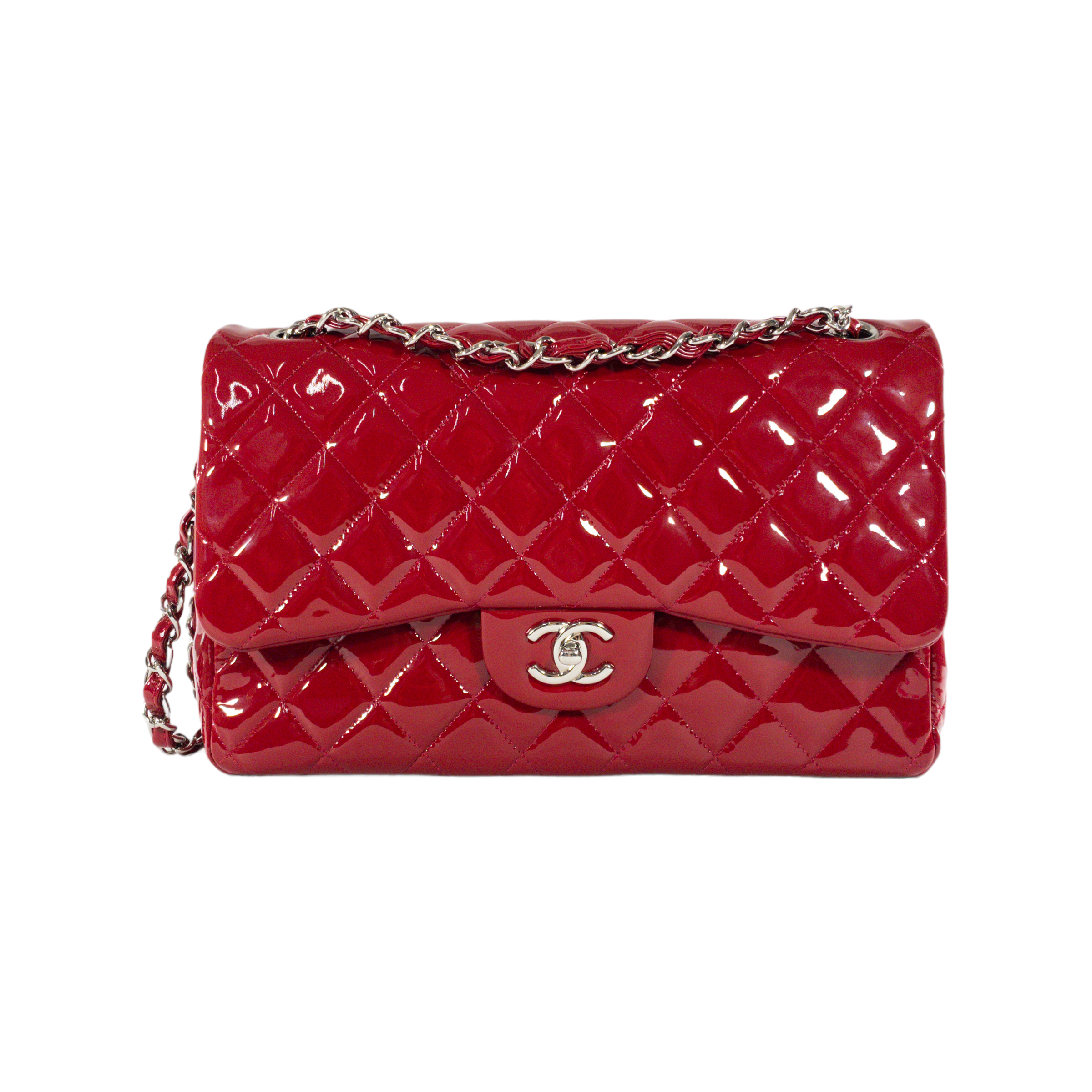 Chanel Red Patent Leather Quilted Jumbo Classic Flap SHW