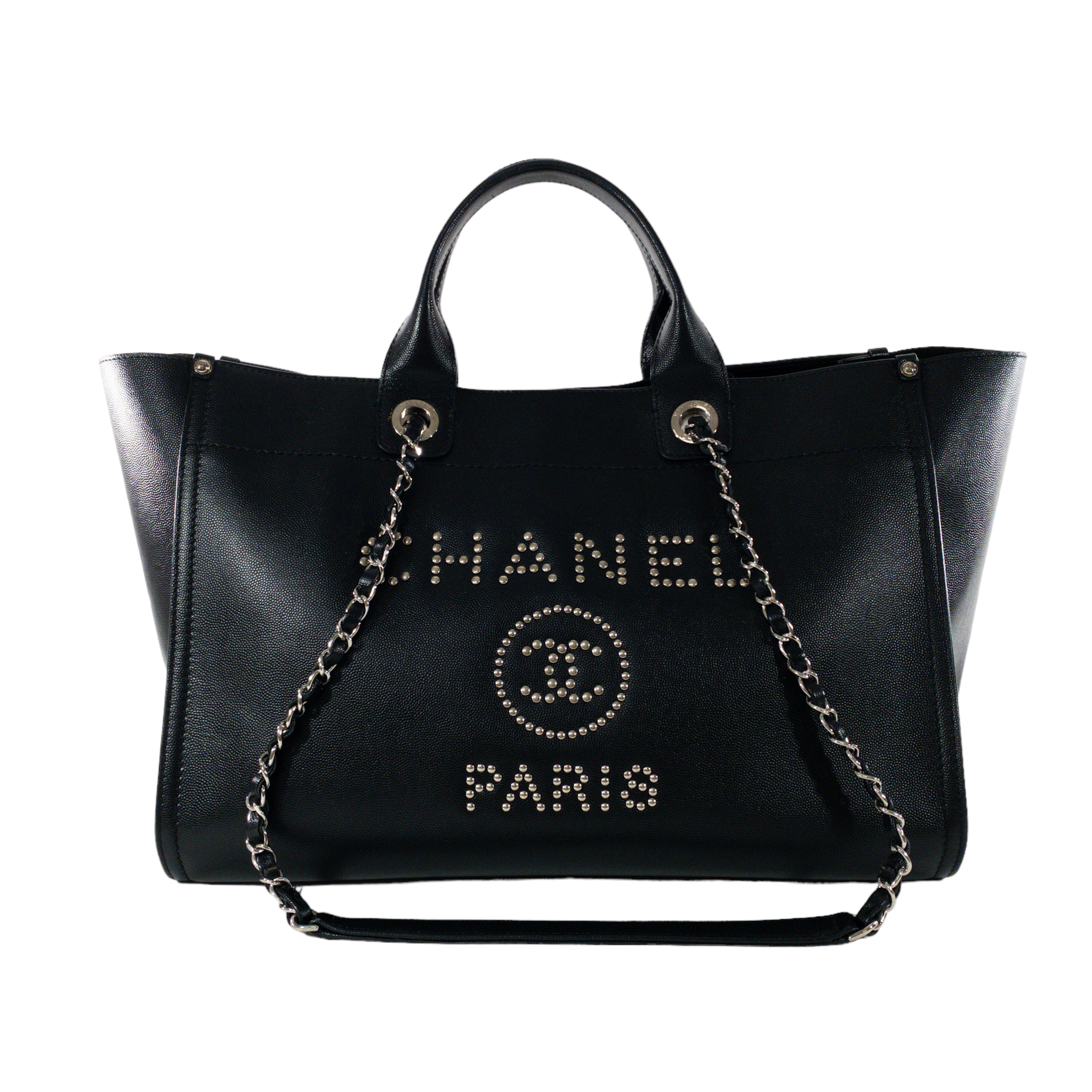 Chanel Medium Deauville Black caviar leather studded tote bag