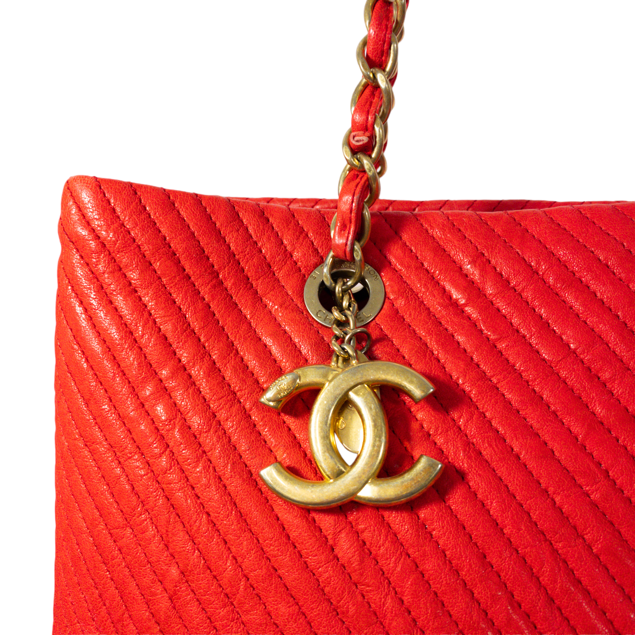Chanel Bright Red Chevron Shopper Tote GHW