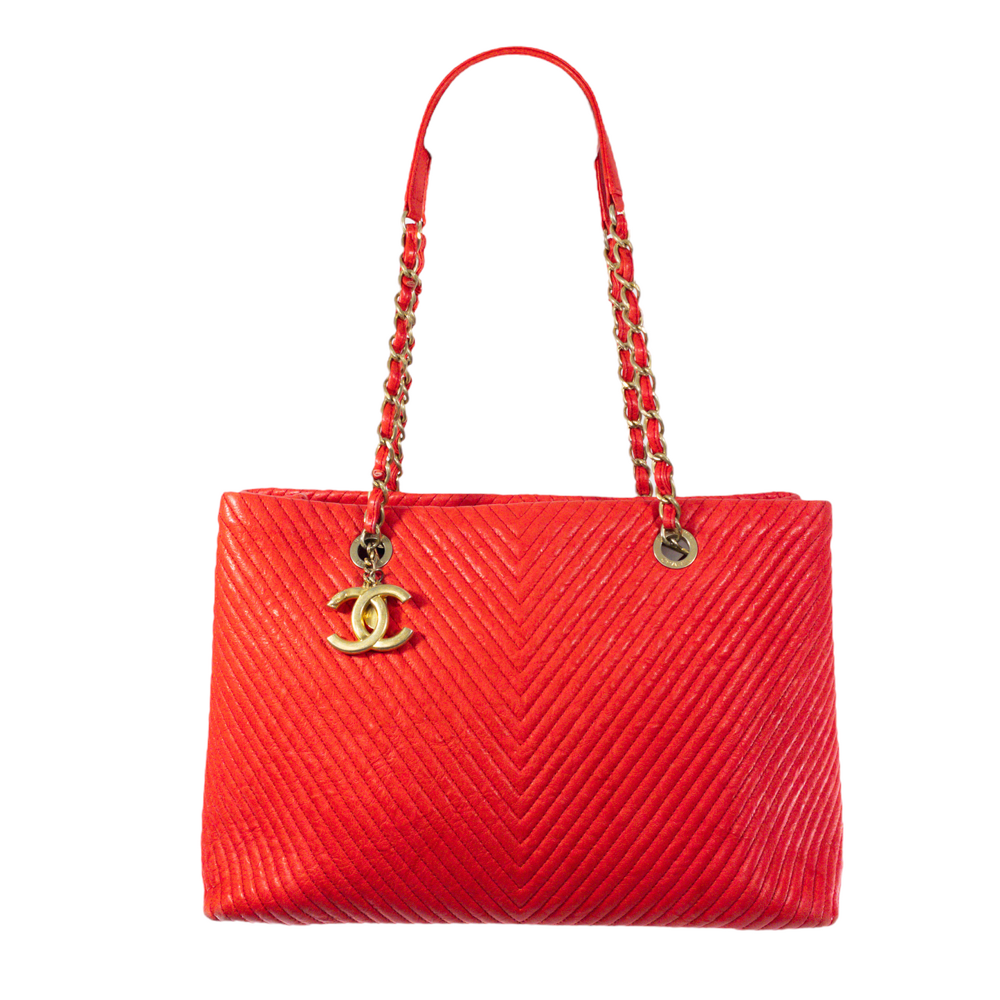 Chanel Bright Red Chevron Shopper Tote GHW