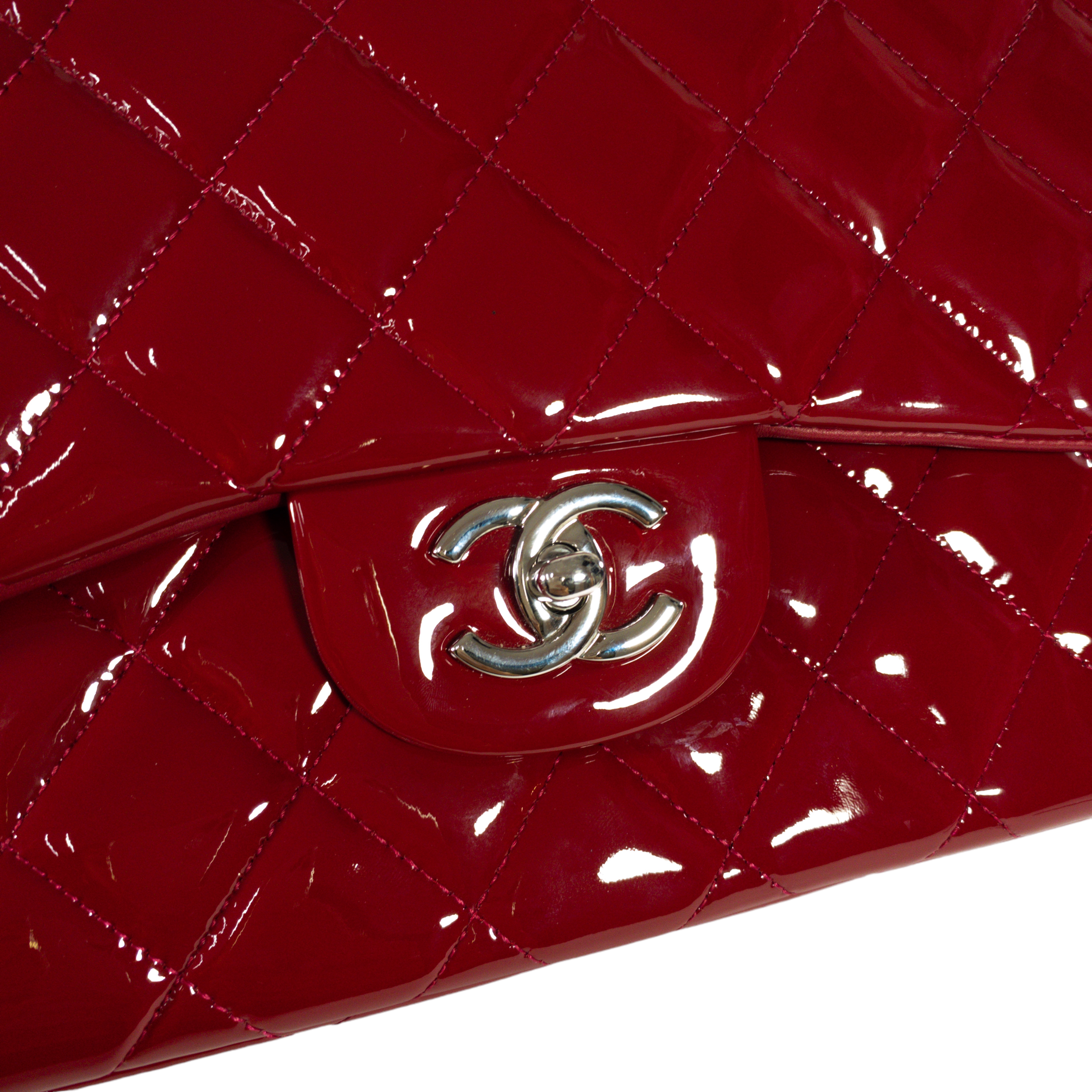 Chanel Red Patent Leather Quilted Jumbo Classic Flap SHW