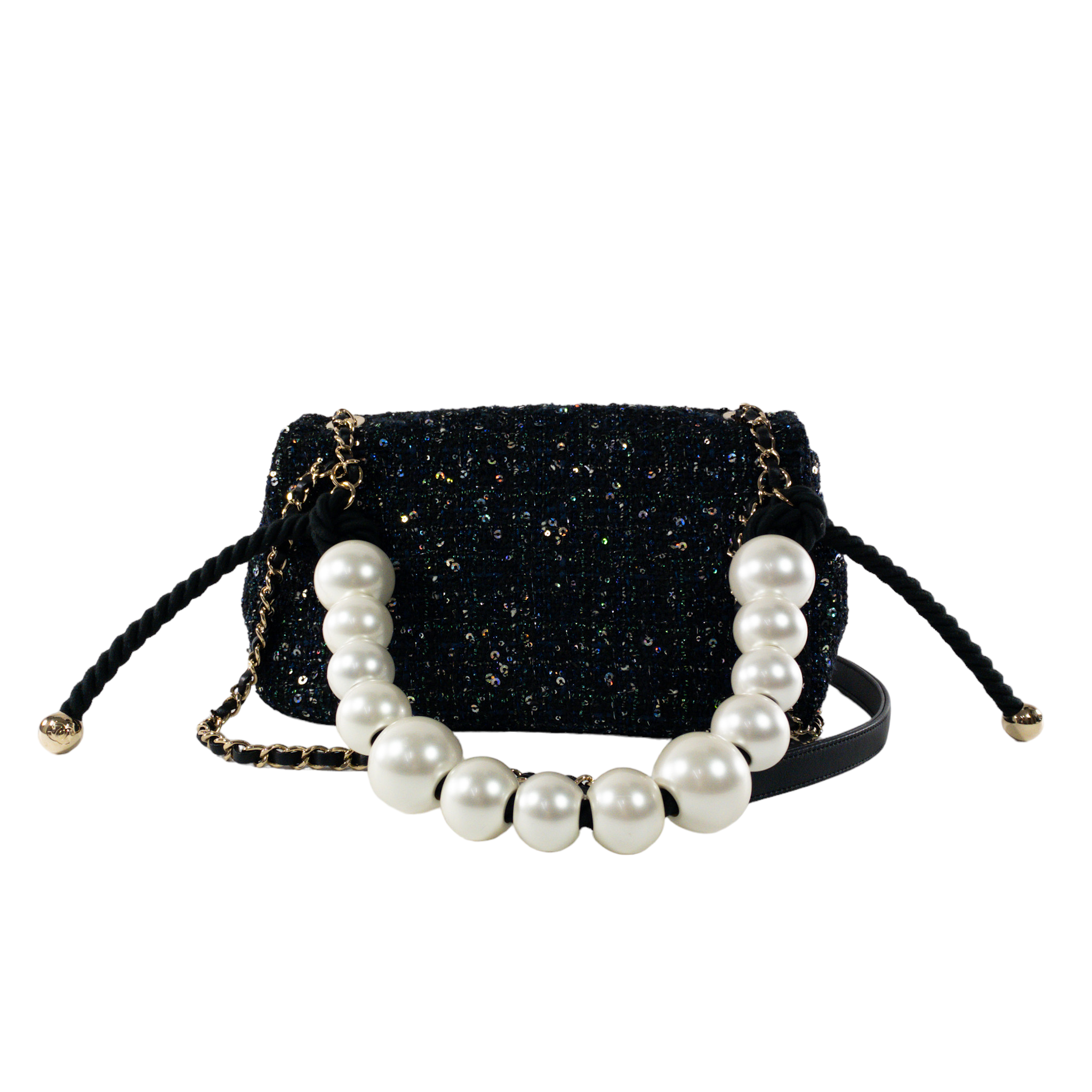 Chanel Sequin Tweed Pearl Strap Flap Bag