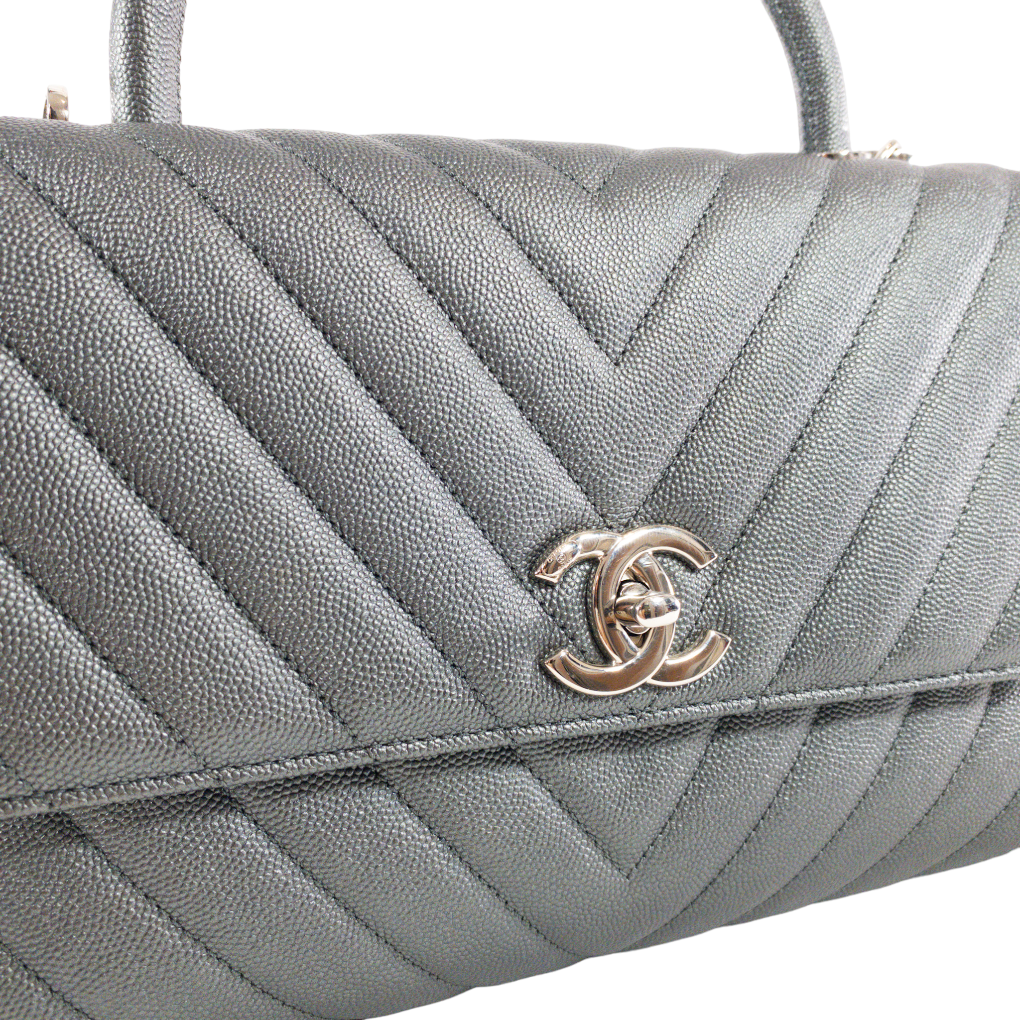 Chanel Coco Handle Chevron Mini Dark Grey Caviar Quilted Dark Silver H –  Coco Approved Studio