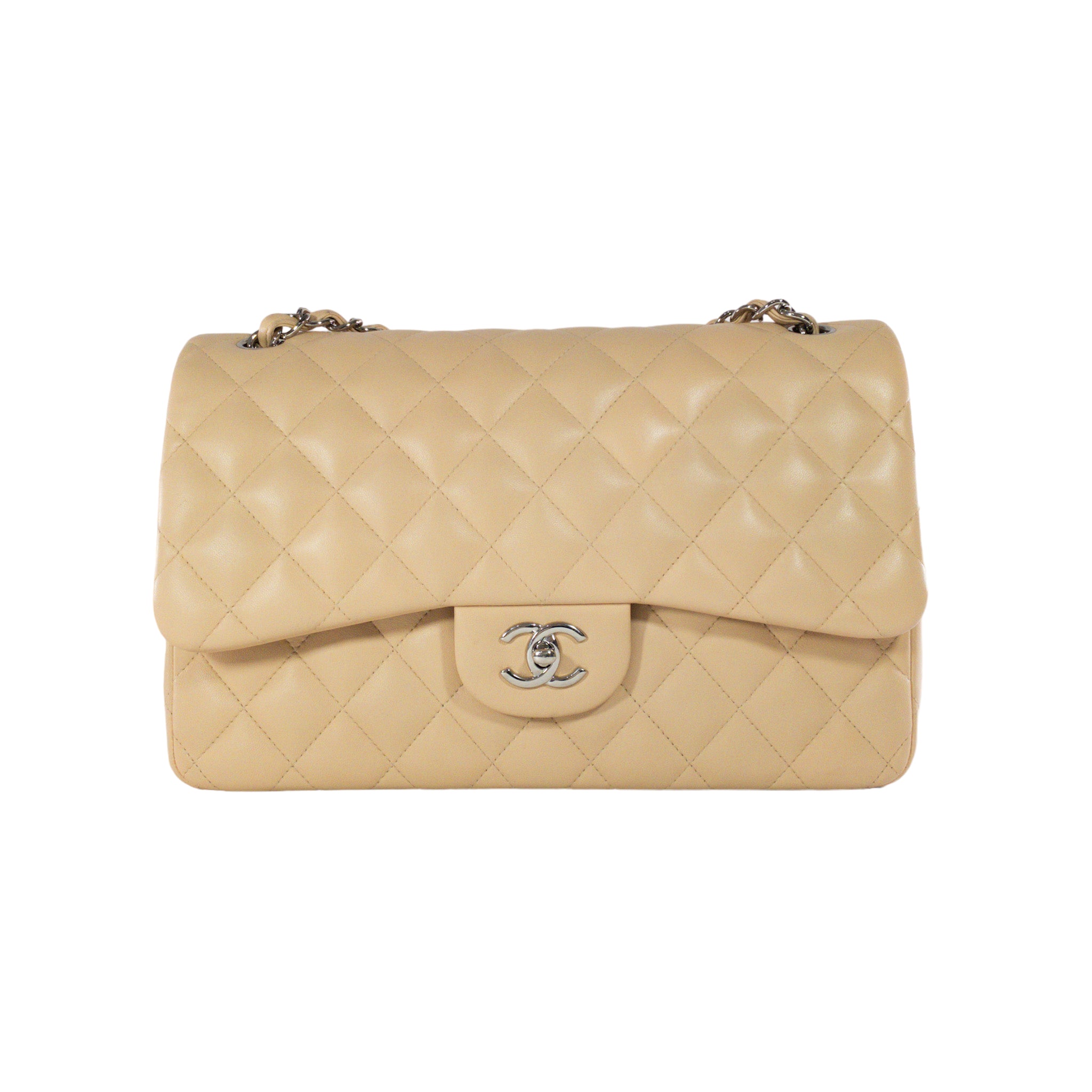 Chanel Beige Quilted Patent Leather Classic Jumbo Double Flap Bag