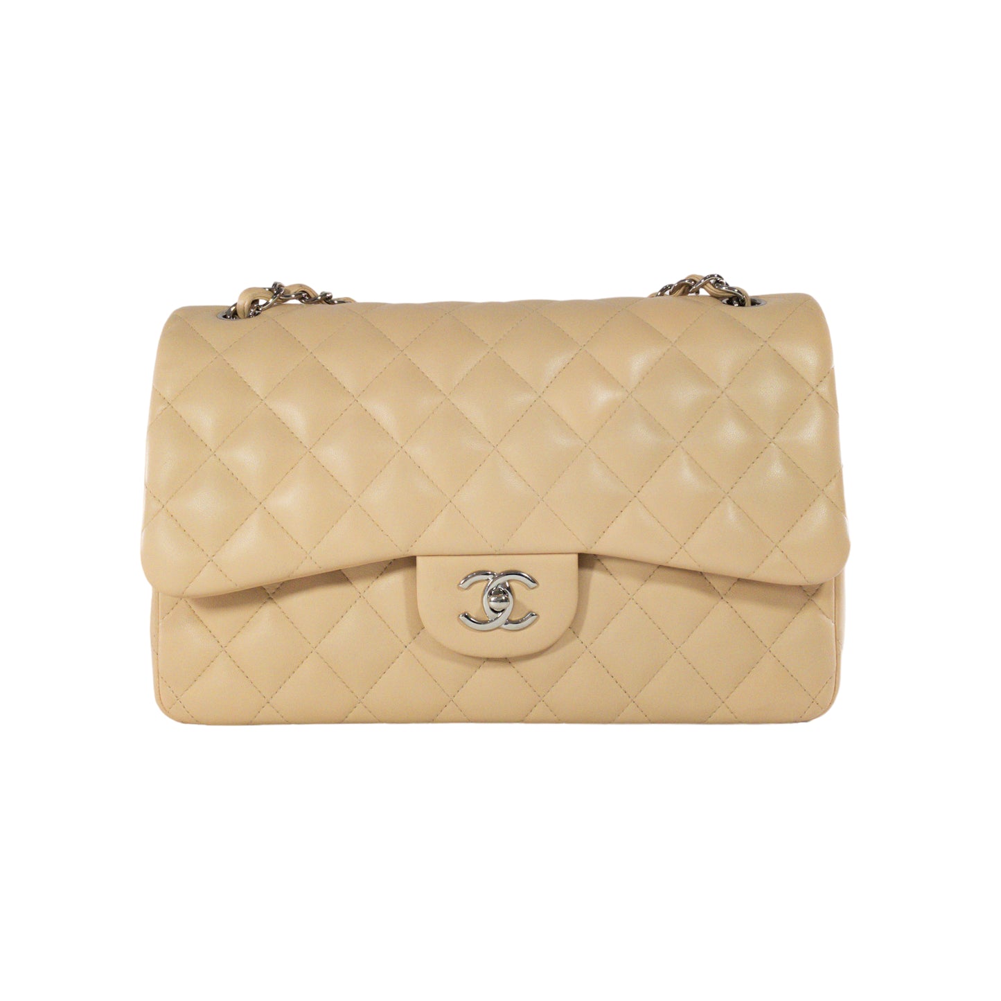 Chanel Beige Lambskin Jumbo Classic Flap SHW