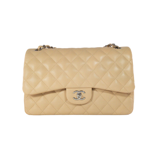Chanel Beige Lambskin Jumbo Classic Flap SHW