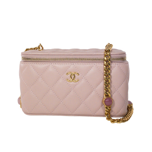 Chanel Pink Lambskin Vanity Case w/ Jeweled Chain