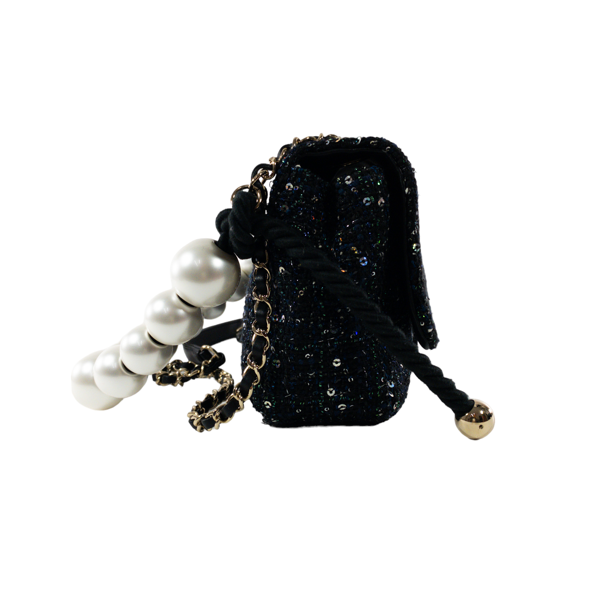 Chanel Sequin Tweed Pearl Strap Flap Bag