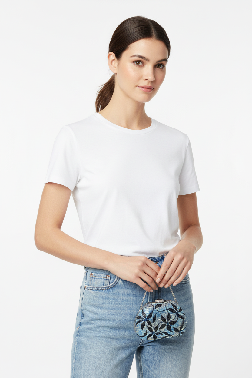 Judith Leiber blue floral crystal clutch on model