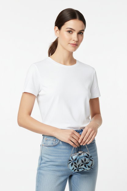 Judith Leiber blue floral crystal clutch on model