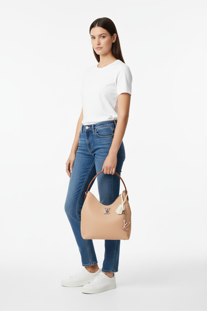 Louis Vuitton Beige Lockme Hobo Bag Held in Hand