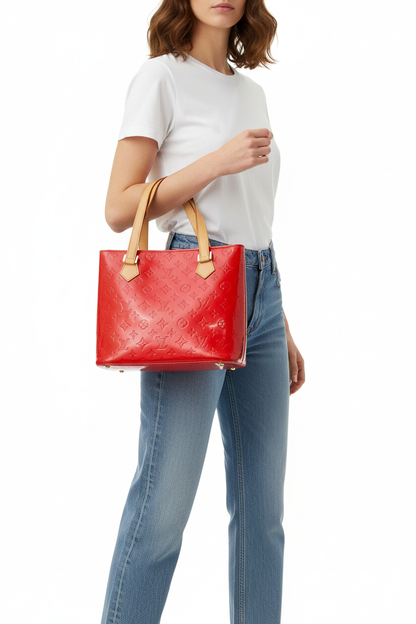 Louis Vuitton Red Vernis Houston bag on model