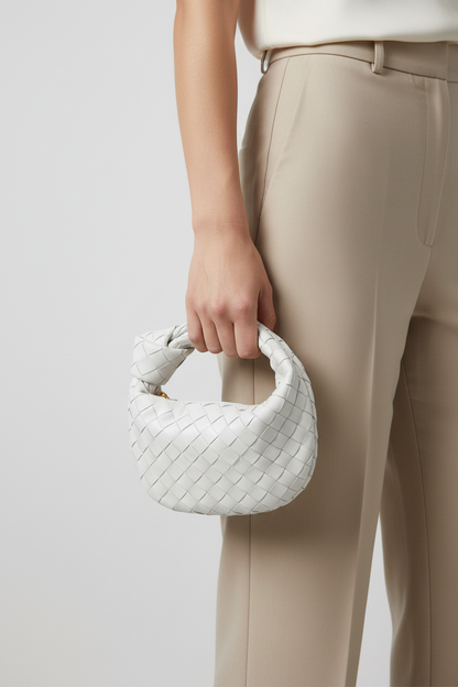 Model holding Bottega Veneta White Jodie Mini - micro size