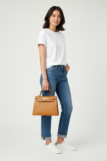Model holding Hermes Kelly 25 Gold