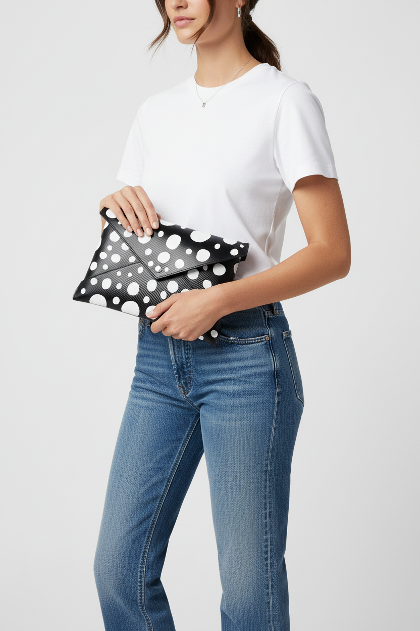 Model holding Louis Vuitton Kusama pouch as a clutch