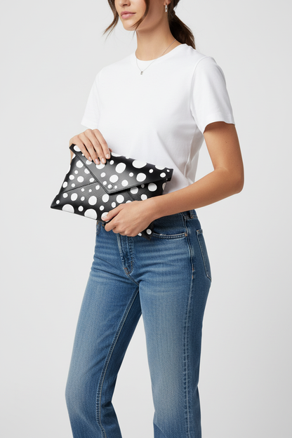 Model holding Louis Vuitton Kusama pouch as a clutch