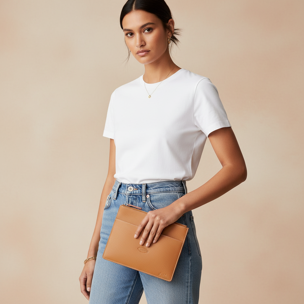 Model holding Tods Camel Leather Pouch as clutch