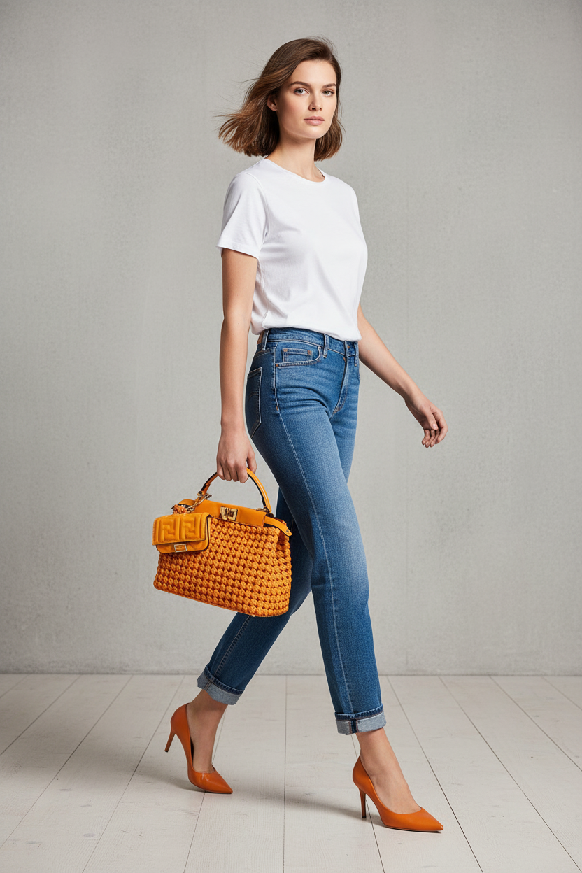 Model in t-shirt and jeans with Fendi Orange Woven Peekaboo