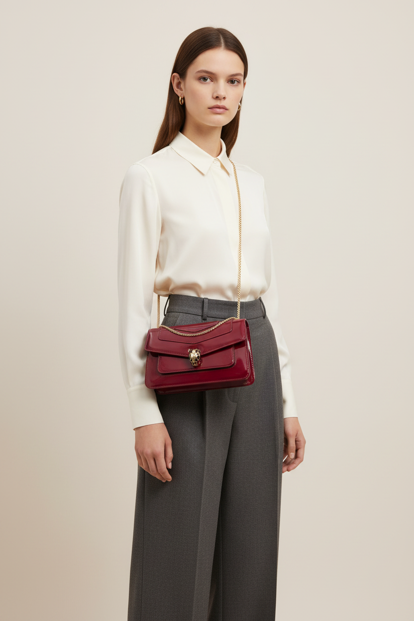 Model wearing Bulgari Burgundy Serpenti Forever Crossbody