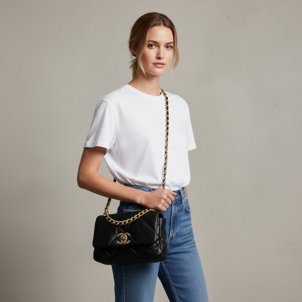 Model wearing Chanel 19 Black Medium