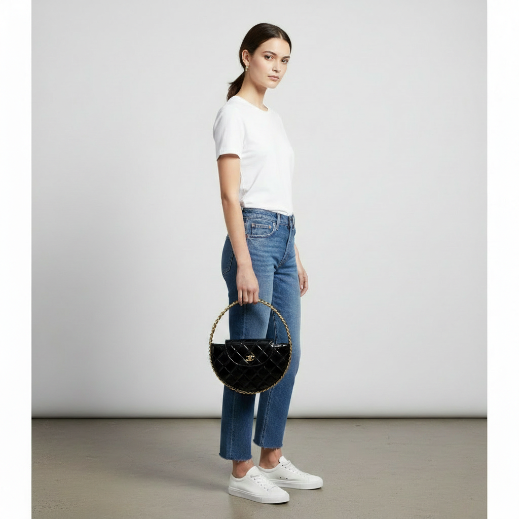 Model wearing Chanel Black Chain Hoop Bag - smaller