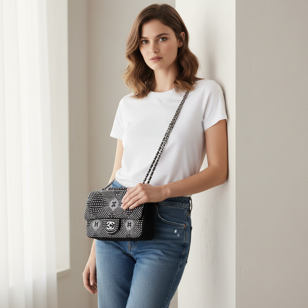 Model wearing Chanel Black Crystal Denim Strass Flap Bag