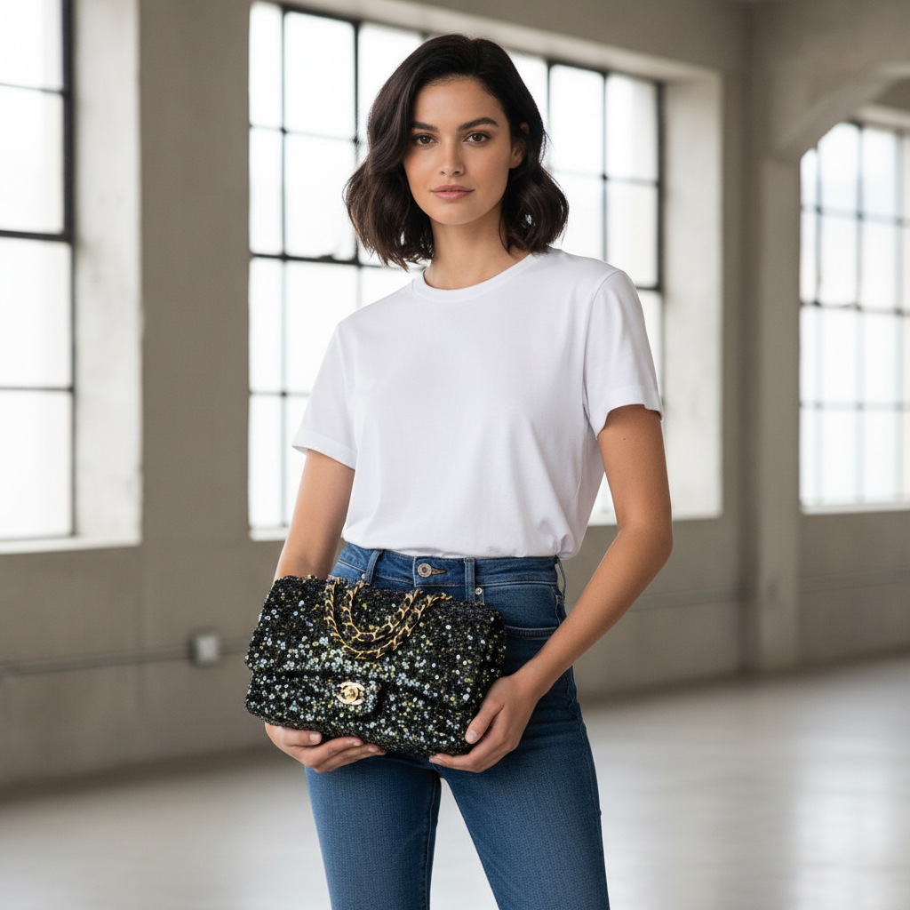 Model wearing Chanel Black Gold Green Sequin Medium Flap