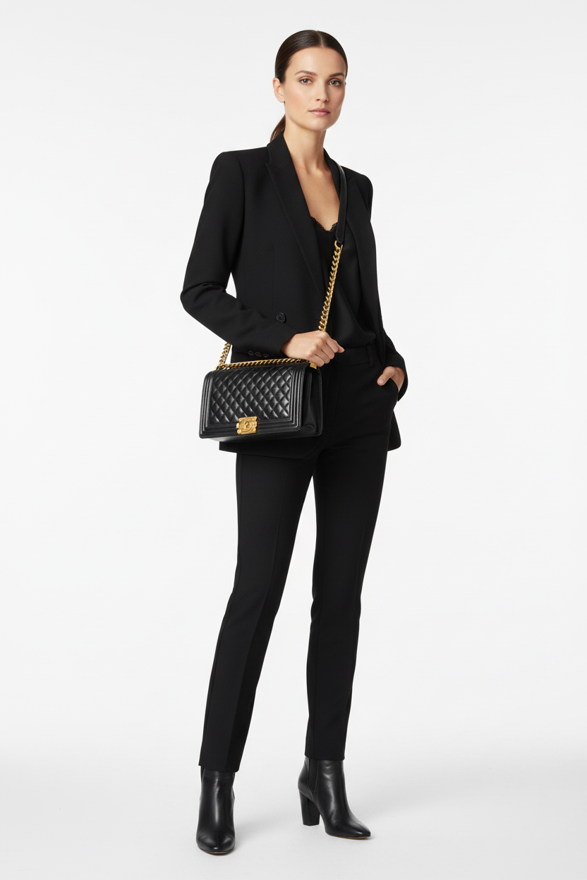 Model wearing Chanel Black New Medium Boy Bag