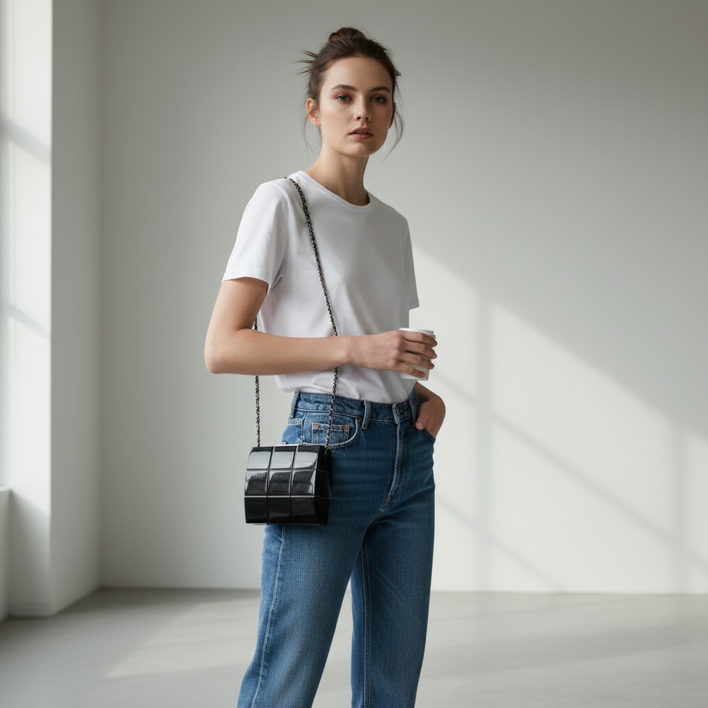 Model wearing Chanel Black Plexiglass Vintage Mini Square Clutch - smaller size