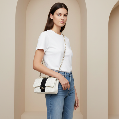 Model wearing Chanel Black White Seoul Medium Double Flap Bag - small/medium, no yin yang, ONE strap