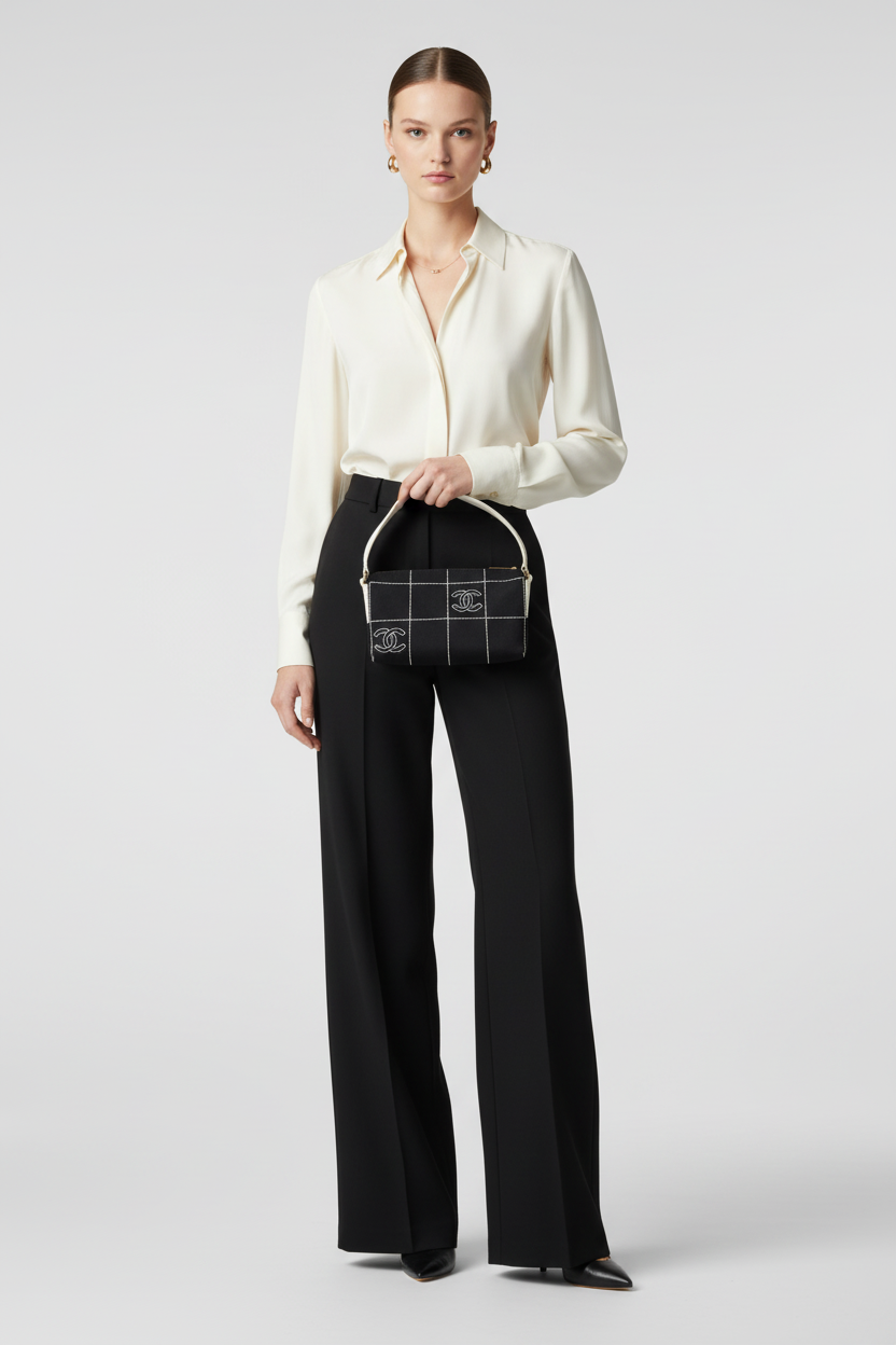 Model wearing Chanel Black White Vintage Chocolate Bar Bag with correct strap