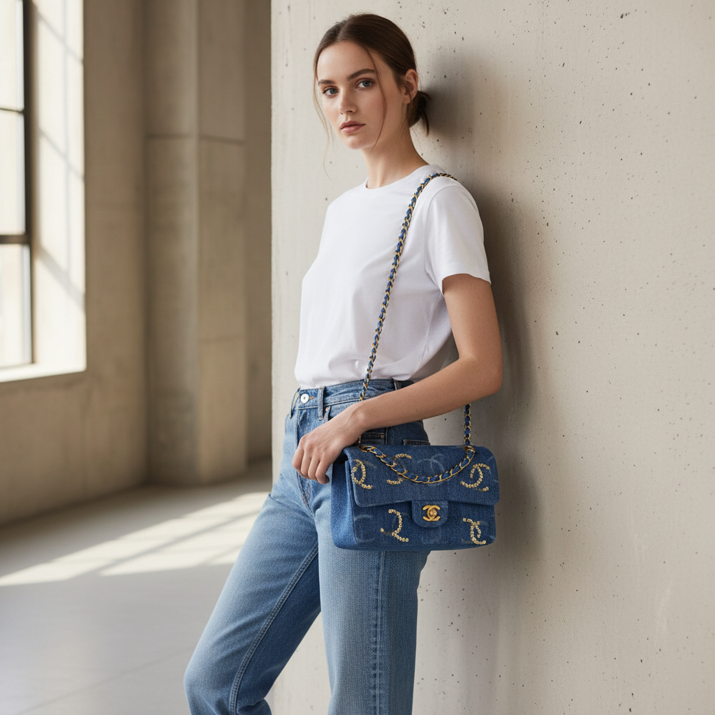 Model wearing Chanel Blue Denim Sequin CC Flap Bag