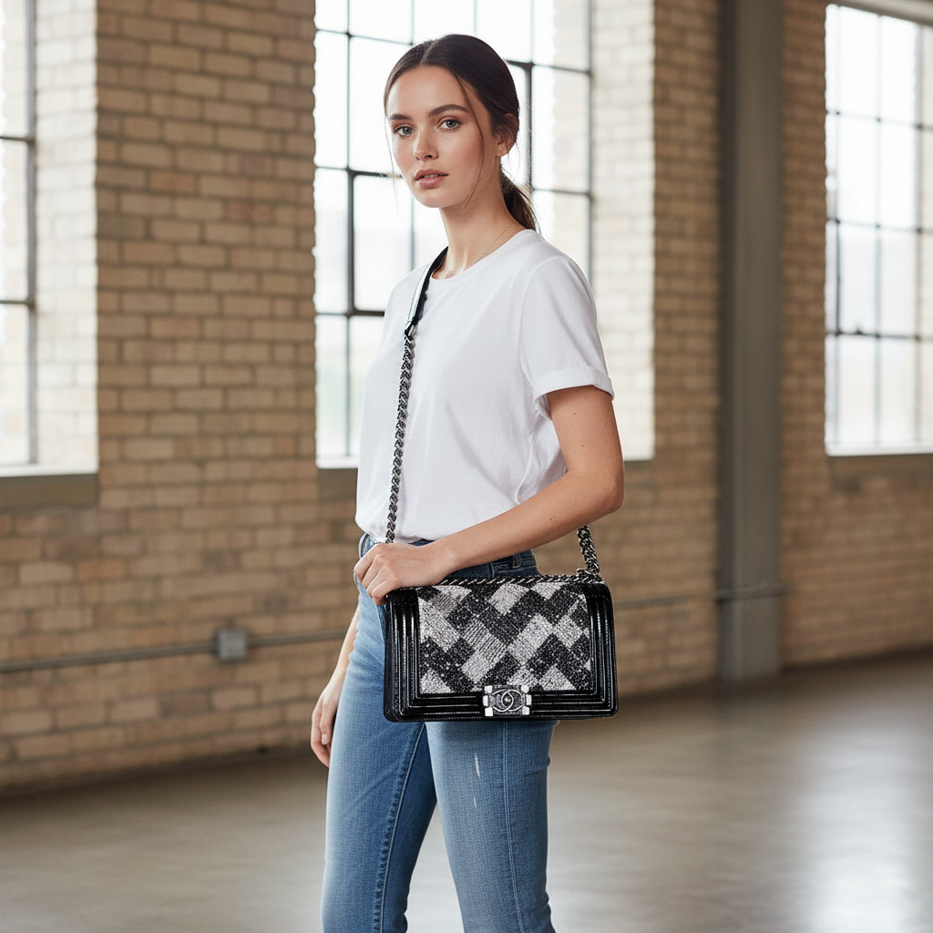 Model wearing Chanel Boy Bag with strap