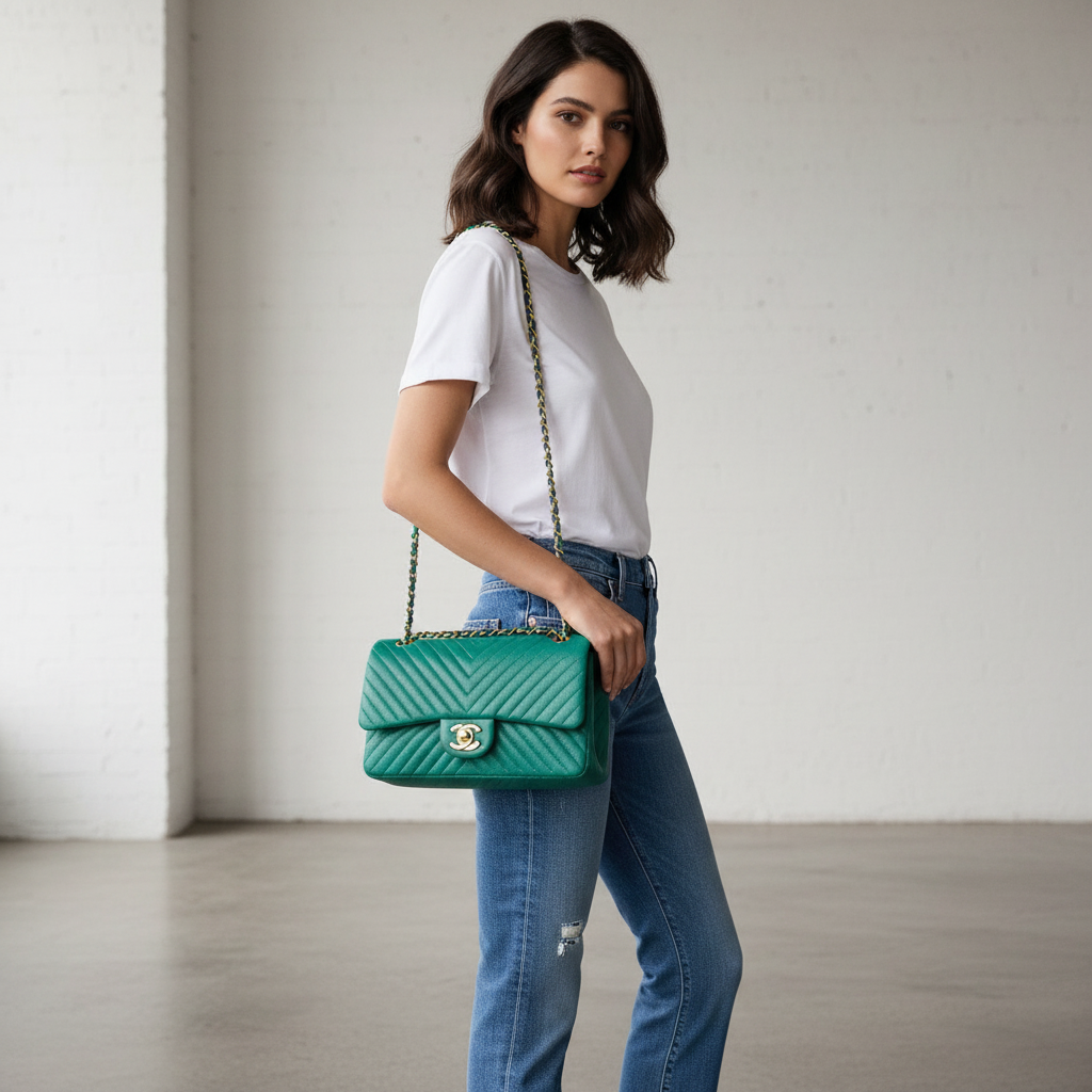 Model wearing Chanel Green Chevron Reissue Flap Bag