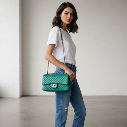 Model wearing Chanel Green Chevron Reissue Flap Bag