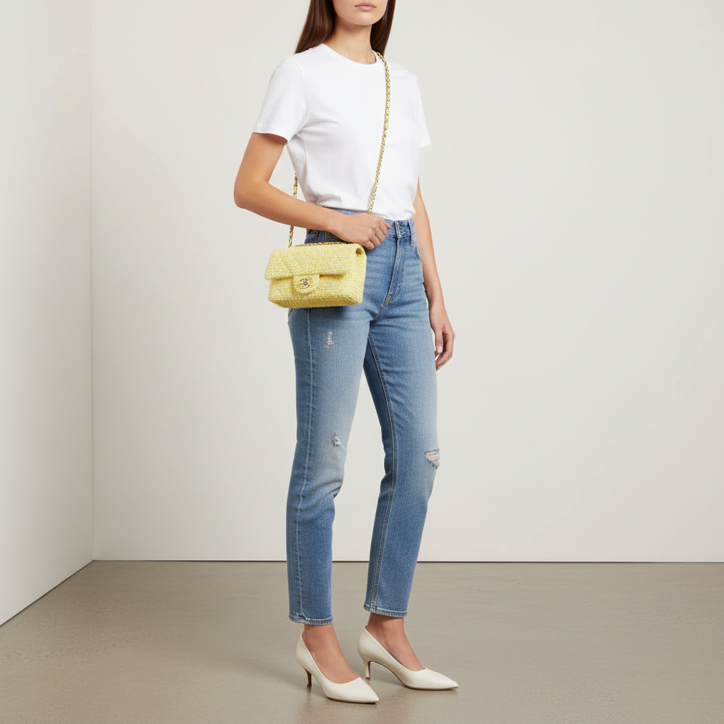 Model wearing Chanel Light Yellow Tweed Mini Rectangle