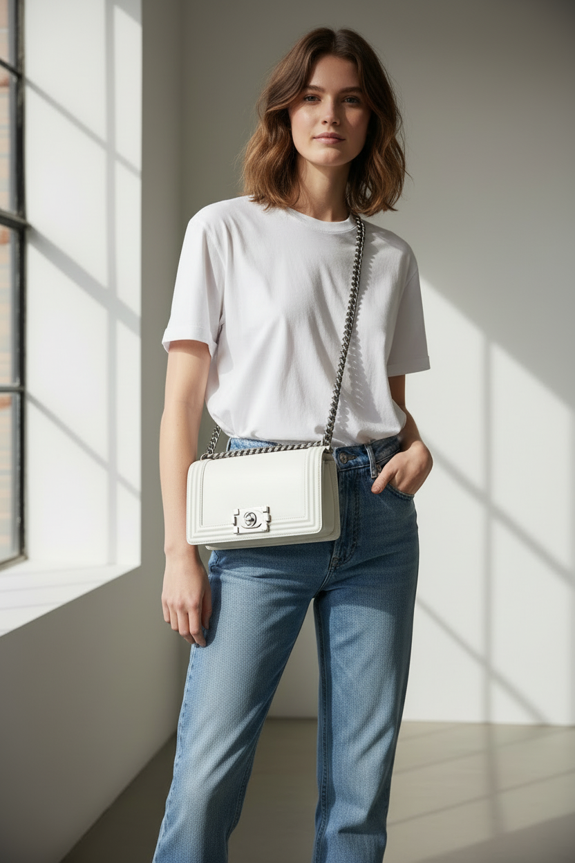 Model wearing Chanel Matte White Old Medium Boy Bag with closure visible