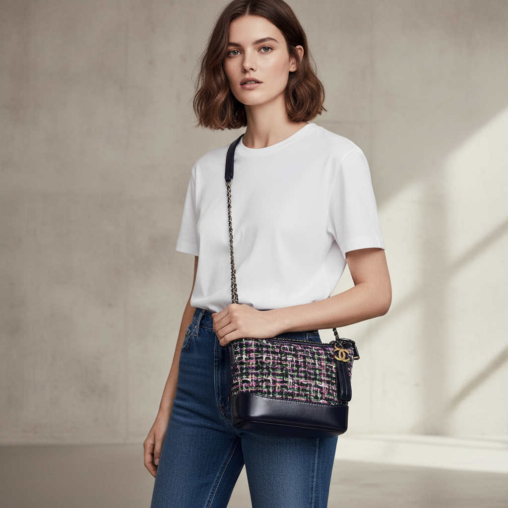 Model wearing Chanel Multicolor Tweed Gabrielle Hobo