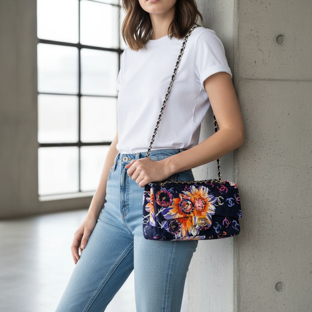 Model wearing Chanel Navy Camellia Printed Floral Flap Bag