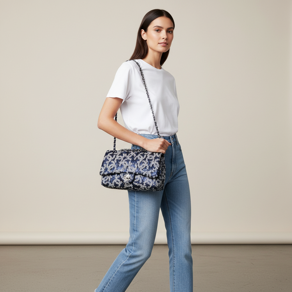 Model wearing Chanel Navy Sequin CC Flap Bag