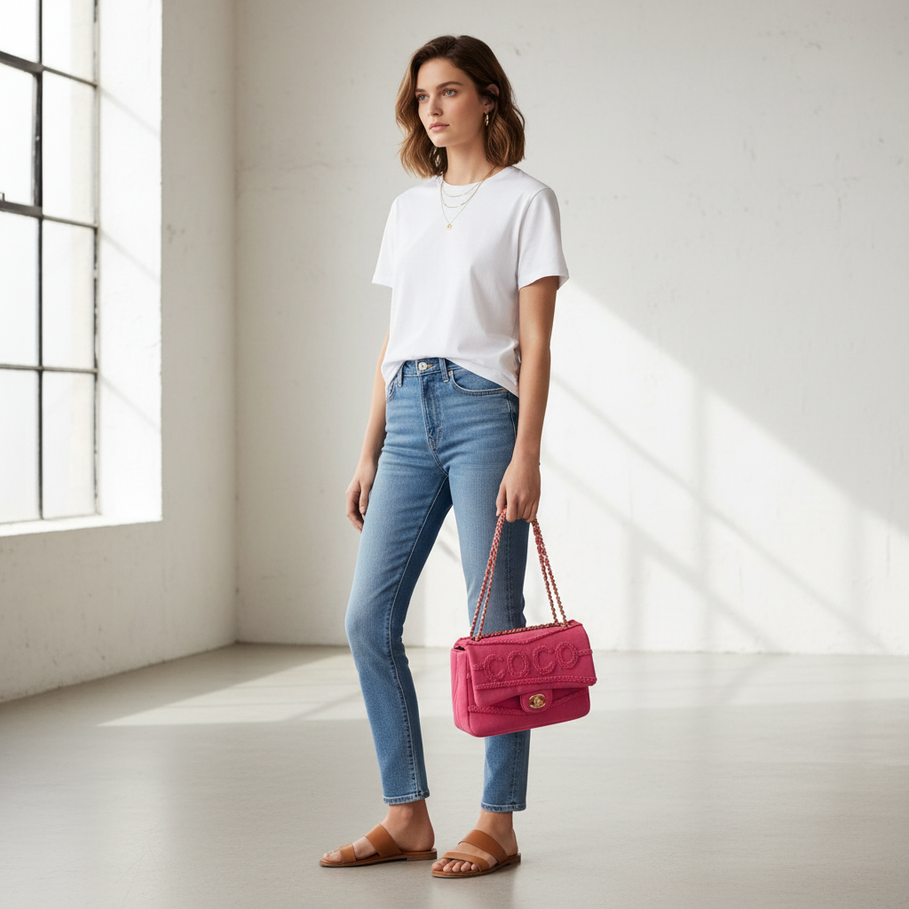Model wearing Chanel Pink Denim Coco Flap Bag