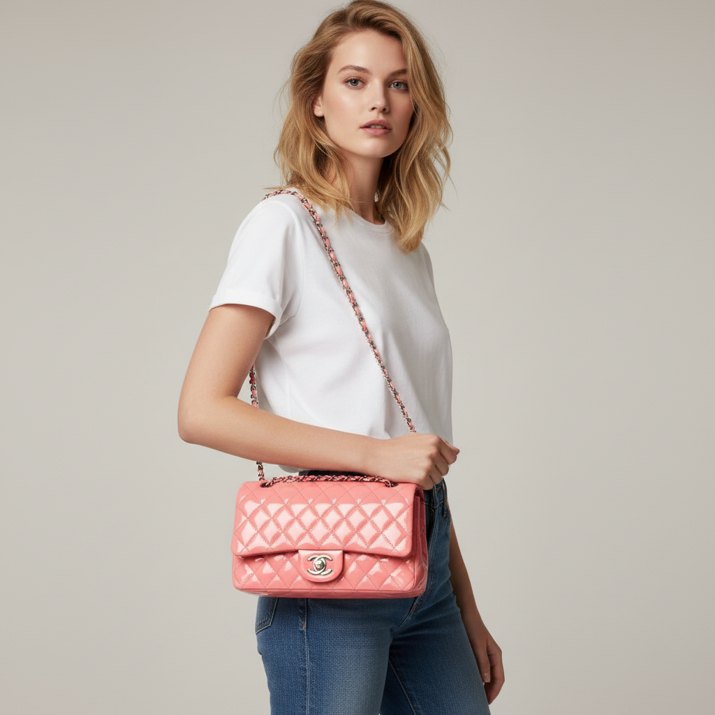 Model wearing Chanel Pink Medium Double Flap Bag - small/medium size